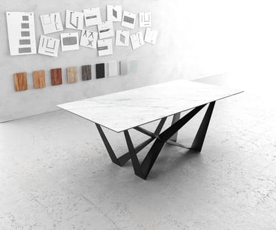 Eettafel Edge Laminam® keramiek wit 200x100cm middenvoet vlak staal zwart