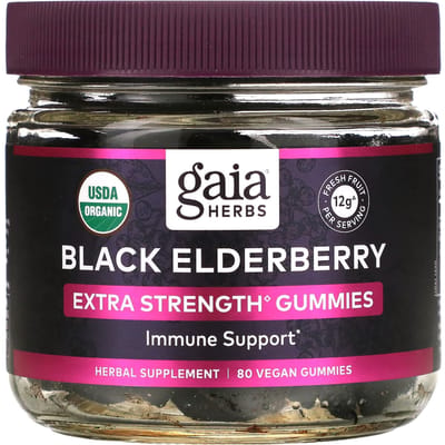 Gaia Herbs, Zwarte Vlierbes Extra Sterkte Immuunversterkende Gummies, 80 Vegan Gummies