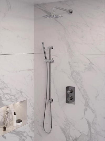Brauer Chrome Edition thermostatische inbouw regendouche 3-weg omstelling SET 39 met 20 cm douchekop en gebogen muurarm en staaf handdouche en doucheslang en geïntegreerde glijstang chroom