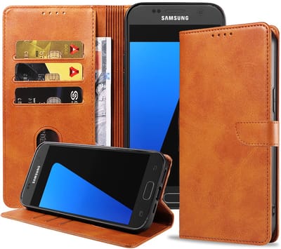 Geschikt voor Samsung Galaxy S7 Telefoonhoesje Kunstleer met Magnetisch lipje en Pasjeshouder Book Case met Klepje - Bruin - Smartphonica geschikt voor Samsung Galaxy S7
