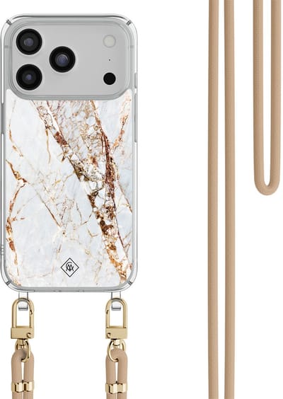 Casimoda® hoesje met beige koord - Geschikt voor iPhone 17 Pro Max - Marmer Goud - Afneembaar koord - TPU/polycarbonaat - Goudkleurig