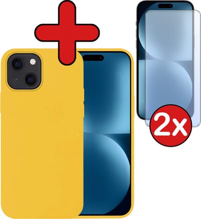 Hoesje - Met 2x Screenprotector - Geschikt voor Apple iPhone 15 - Sterk & Shockproof - Telefoon Hoes - Back Cover - Siliconen Case - Telefoonhoes - Geel