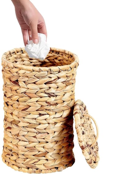 Rieten Papierbak - Geweven Mand - Afval Beheren - Handgeweven Waterhyacint - 31.5 cm Hoog - Natuurlijk
