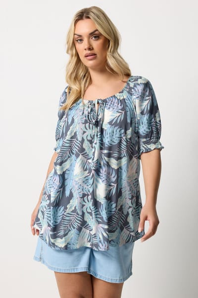 Yours Blauwe Blouse Met Palmprint En Striksluiting Size 42