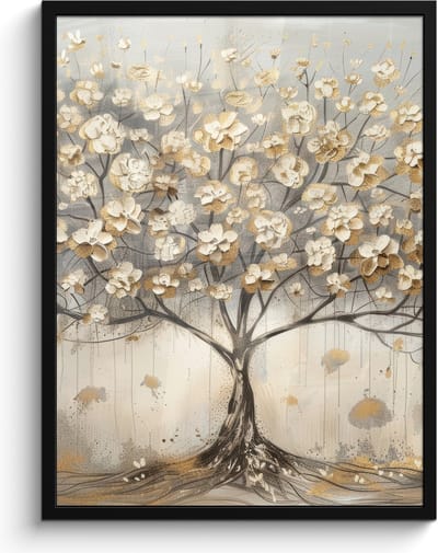 Poster in lijst - Fotolijst 60x80 cm - Posters - Boom - Beige - Goud - Verflook - Grijs - Posterlijst zwart - Decoratie - Wanddecoratie woonkamer - Muurdecoratie slaapkamer