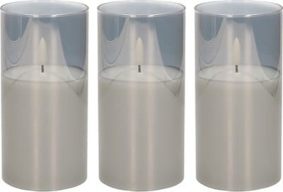 3x stuks luxe led kaarsen in grijs glas D7,5 x H15 cm - met timer - Woondecoratie - Elektrische kaarsen
