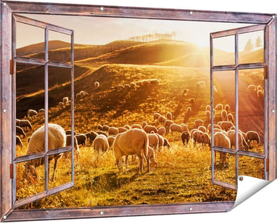 Gards Tuinposter Doorkijk Schapen in de Heuvels bij Zonsondergang - 150x100 cm - Tuindoek - Tuindecoratie - Wanddecoratie buiten - Tuinschilderij