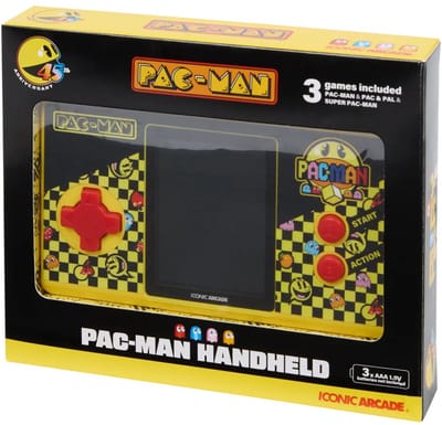 PAC-MAN Spelcomputer – originele uitvoering – inclusief 3 verschillende Pac-Man spelletjes – werkt op 3 AAA-batterijen – retro handheld spel – compact en draagbaar – ideaal voor fans van klassiek arcadespel – uren speelplezier onderweg of thuis