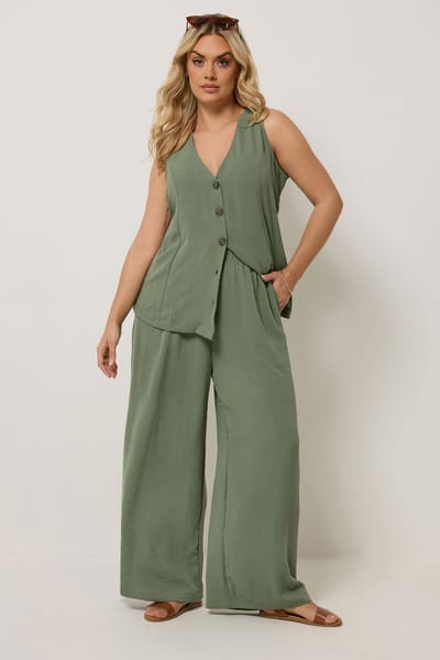 Yours Broek Van Keperstof Met Wijde Pijpen En Elastische Taille In Kakigroen Size 42