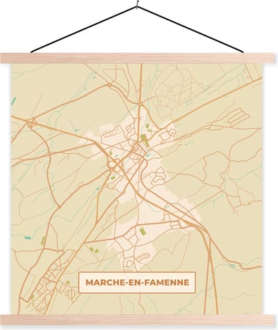 Posterhanger incl. Poster 40x40 cm - Schoolplaat - Kaart - Plattegrond - Vintage - Marche-en-Famenne - Stadskaart - Textielposter - Blanke latten - Stadskaart