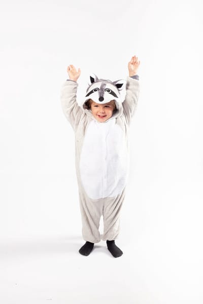 KIMU® Onesie Grijze Wasbeer Pak - Maat 128-134 - Wasbeerpak Kostuum Grijs - Kinder Dierenpak Jumpsuit Pyjama Jongen Meisje Overall Fleece Festival