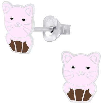 Joy|S - Zilveren cupcake kat poes oorbellen - roze