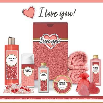 Geschenkset “I Love You!” - 9 producten - 685 gram | Giftset voor haar - Luxe wellness cadeaubox - Cadeau vrouw - Verjaardag - Set Valentijnsdag - Geschenk Ik hou van jou - Cadeaupakket - Speciaal voor jou Gift Valentijn - Vriendin Moeder Roze