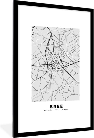 Fotolijst incl. Poster Zwart Wit- Stadskaart – Plattegrond – België – Zwart Wit – Bree – Kaart - 80x120 cm - Posterlijst