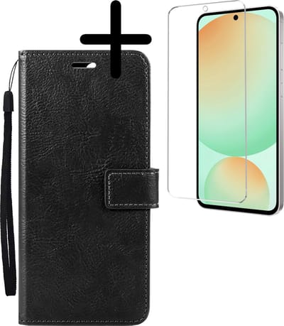 Hoesje Met Screenprotector - Geschikt voor Samsung Galaxy S24 FE - Luxe Pasjeshouder - Bookcase Portemonee - Flip Case - Kunstleer Book Case - Flipcase - Book Cover - Walletcase - Portemonneehoes - Zwart