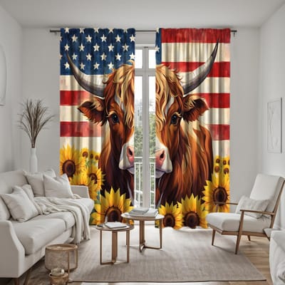 2 pièces Rideau HD Drapeau Américain Tournesol Vache des Highlands Jaune à nouer rideau imprimé numérique Décoration d'intérieur style Décorer salon W52H63inchW132H160cm brown