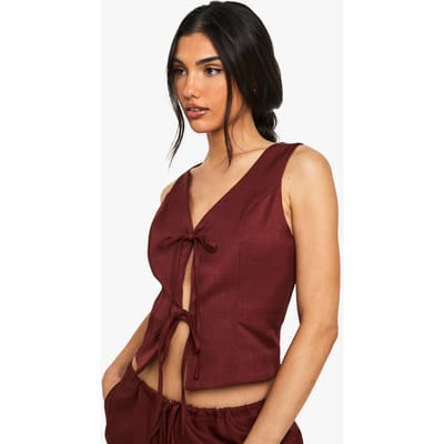 boohoo Dames Linnen Look Top met Strik Detail aan de Voorzijde | Maroon | Maat: 8