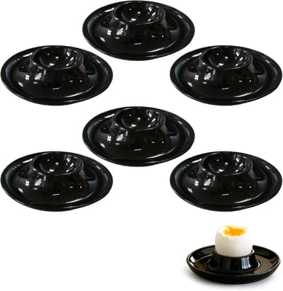 Set van 6 eierdopjes, zwart, keramiek-stijl, mat, BPA-vrij kunststof, onbreekbaar, met overloopbeveiliging en legplank, vaatwasmachinebestendig, ontbijt en camping