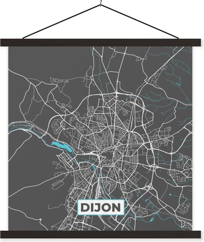 Posterhanger incl. Poster 60x60 cm - Schoolplaat - Dijon - Frankrijk - Stadskaart - Kaart - Plattegrond - Textielposter - Zwarte latten - Stadskaart
