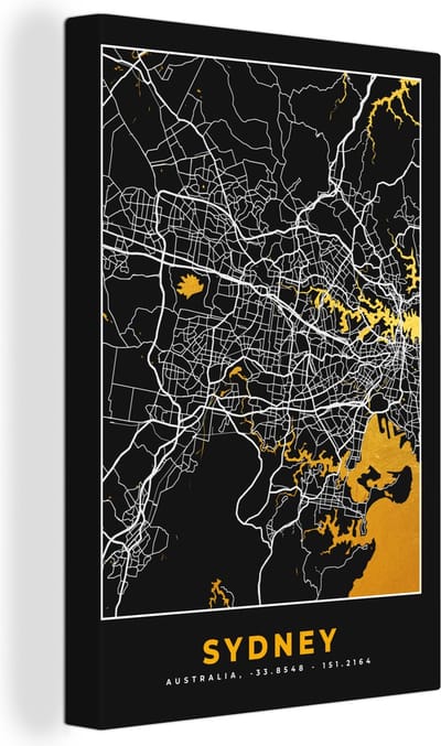Canvas Schilderij Sydney - Stadskaart - Plattegrond - Goud - Kaart - 20x30 cm - Wanddecoratie