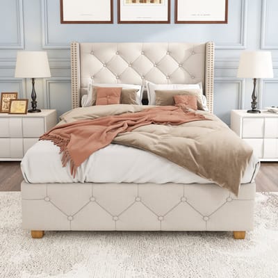 DESMIU Gestoffeerd Bed 90x200cm - Elegant Eenpersoonsbed Met Knoopdetails En Stevige Lattenbodem - Voor Slaapkamer - Linnen - Beige - Zonder Matras