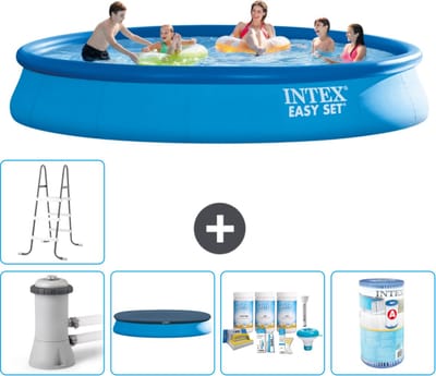 Intex Rond Opblaasbaar Easy Set Zwembad - 457 x 84 cm - Blauw - Inclusief Pomp - Afdekzeil - Onderhoudspakket - Filter - Ladder - Voetenbad - 7-delig