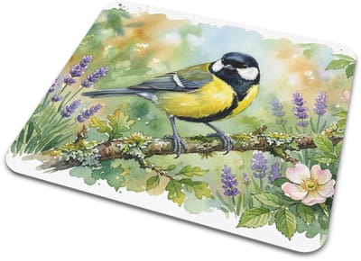Muismat "Aquarel Series" Koolmees op een Tak met Bloemen - Lief Vogel Cadeau voor haar: Vrouw, Vriendin & Collega - Natuur Kantoorartikelen voor een Gezellige Werkplek - Kleurrijke Bureau Accessoires met Dierenprint