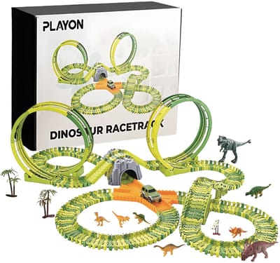 PlayOn Racebaan - Dinosaurus Speelgoed - Dinosaurus - Auto Speelgoed - 260 Onderdelen - Met Raceauto en Loopings