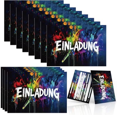 Dailygoods - Uitnodigingskaarten voor kinderverjaardag, jongens en meisjes, 12 stuks, graffiti, DIN A6 (10,5 x 14,8 cm), verjaardagsuitnodigingen met kleurrijk splash-design