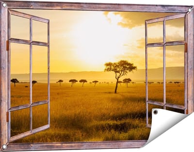 Gards Tuinposter Doorkijk Zonsondergang in de Savanne - 90x60 cm - Tuindoek - Tuindecoratie - Wanddecoratie buiten - Tuinschilderij
