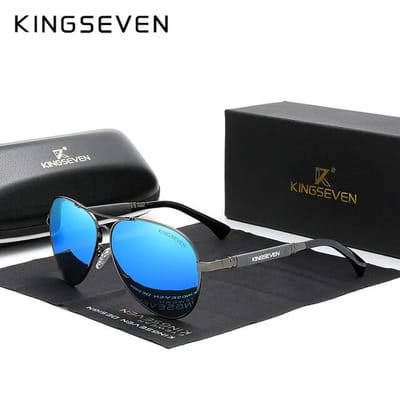KINGSEVEN 7730 Unisex Zonnebril - Pilotenbril - Zwart-Metallic Frame met Blauwe Lenzen
