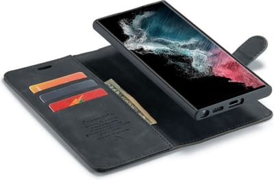 CaseMania Bookcase hoesje geschikt voor Samsung Galaxy S23 Ultra - Effen Zwart - Kunstleer - 2-in-1 Magnetisch Uitneembaar Design