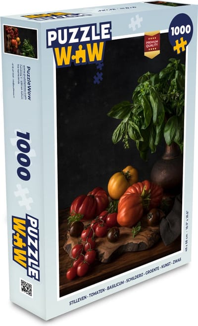 Puzzel Stilleven - Tomaten - Basilicum - Schilderij - Groente - Zwart - Legpuzzel - Puzzel 1000 stukjes volwassenen