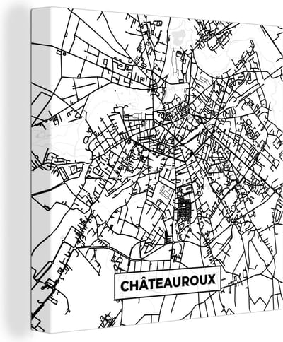 Canvas Schilderij Kaart – Plattegrond – Châteauroux - Frankrijk – Stadskaart - Zwart wit - 20x20 cm - Wanddecoratie