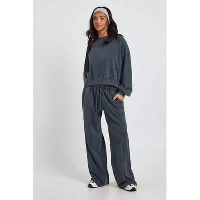 boohoo Dames Petite Gewassen Geribbeld Detail Rechte Pijp Trainingspak | Houtskool | Maat: Large