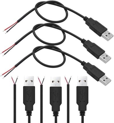 Set van 6 USB Type A Pigtail Kabels van 30 cm, Plug Verlengkabel voor Solderen en Lassen, 2-Kern USB 2.0 Kabel voor LED Verlichting, 12V, 3A Snelheid