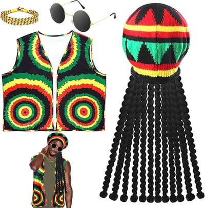 4-delige Halloween Jamaica Kostuum Set met Jamaica Vest, Dreadlocks Hoed, Hippie Bril en Reggae Accessoires voor Feest, Carnaval en Cosplay