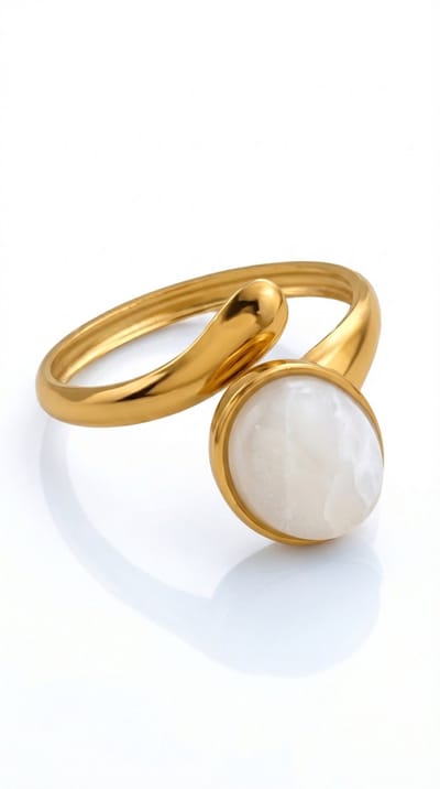 Lundholm Luxe Jolijn Ring Dames Goudkleurig met Steen – Premium Stainless Steel Jewellery 2.5 Micron PVD Gold Plated – Verstelbare Ring met Natuursteen Wit – One Size – my Scandinavisch Design