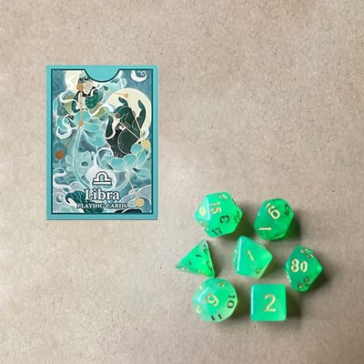 1 pièce, un jeu de cartes et un ensemble de 7 dés, cartes d'entraînement à la coupe fantaisie motif Balance, 7 dés multicolores transparents vert et blanc. 8pcs