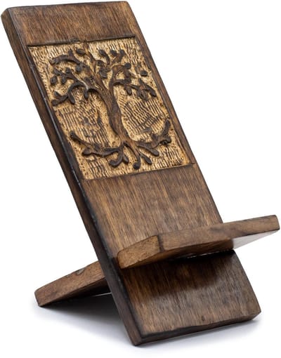 Ancient Wisdom - Decoratief beeld - Houten telefoonstandaard levensboom 20x9,5 cm multicolor mango hout - beeldje - figuur - interieurdecoratie - handgemaakt - natuurproduct