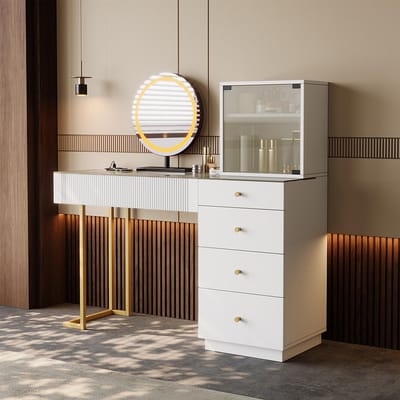 BLACKCOLORS Kaptafel met LED-verlichte spiegel, transparant hardglas blad, 5 lades en 1 kast; wit, afmetingen: L120 x D40 x H120 cm