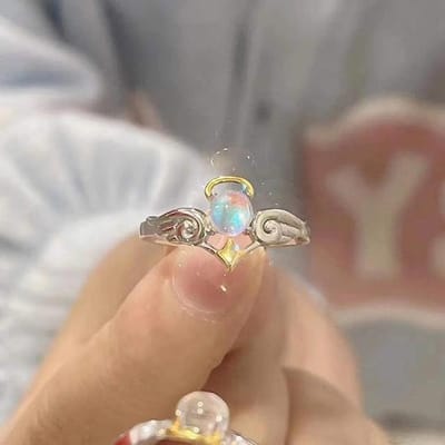 Mode Maansteen Verstelbare Opening Vinger Mannen Ring Romantische Engel en Demon Vleugels Koppelringen Voor Vrouwen Goth Feest Sieraden