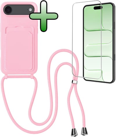 Hoes Geschikt voor iPhone Air Hoesje Pas Houder Case Hoes Met Koord Met Screenprotector - Hoesje Geschikt voor iPhone Air Hoes Met Telefoonkoord Pasjeshouder Cover - Lichtroze