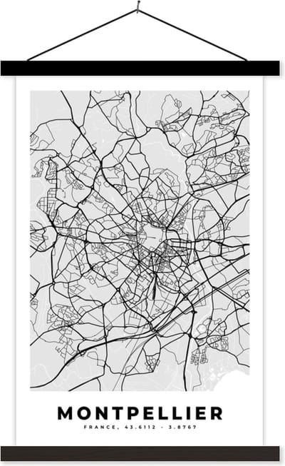 Posterhanger incl. Poster 40x60 cm - Schoolplaat - Plattegrond - Kaart - Stadskaart - Frankrijk - Montpellier - Textielposter - Zwarte latten - Stadskaart