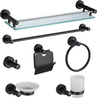 SFT Products - Watford - Badkamer Accessoires Set - 7-delig Zwart -Handdoekring - Zeephouder - Bekerhouder- WC Rolhouder - Badkamer Wandplank - Handdoekhaak - Zwarte Badkamer Accessoires