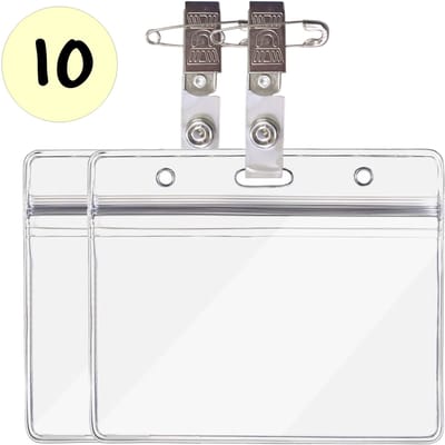 Fako Bijoux - 10x Badgehouder Met Clip - Naamkaarthouders Met Klem - Transparant - Horizontaal - Badgehouder 115x100 mm - Speld Naambadge Clip 37x30 mm - 10 Stuks