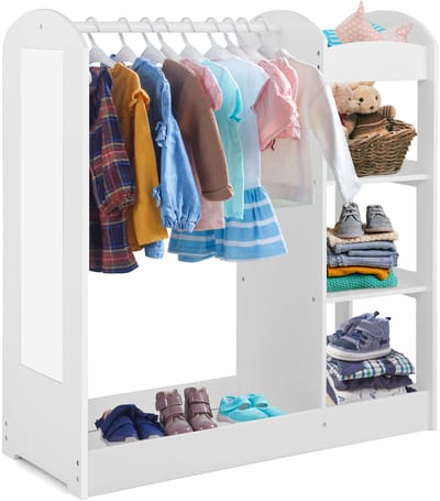 COSTWAY Kindergarderobe met spiegel, prinses, kledingrek met kleerhanger en 4 planken, kinderkledingkast van hout, 93,5 x 38 x 100 cm (wit)