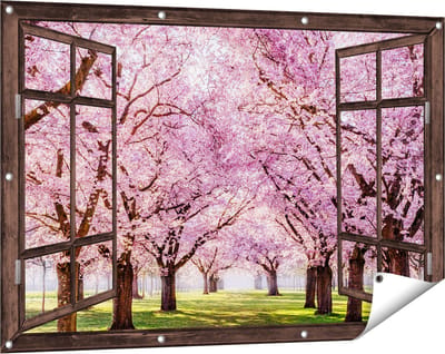 Gards Tuinposter Doorkijk Roze Bloesembomen Park - Bloemen - 120x80 cm - Tuindoek - Tuindecoratie - Wanddecoratie buiten - Tuinschilderij