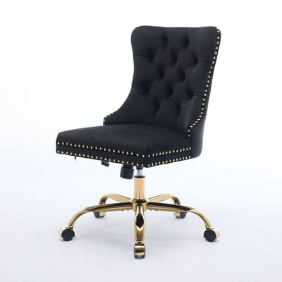 Zwarte Fluwelen Bureaustoel - Draaibare Thuiskantoor Stoel - In Hoogte Verstelbaar - Gecapitonneerd - Gouden Basis - Kantoor - 63x50x98 cm - Zwart