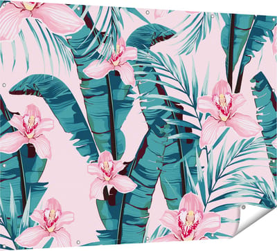 Gards Tuinposter Tropische Roze Zomer Bloemen met Bladeren - 160x120 cm - Tuindoek - Tuindecoratie - Wanddecoratie buiten - Tuinschilderij